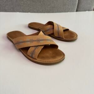 TOMS Shoes Women W8 1/2 Tan Leather Upper Blue Slip-On Sandals Cross